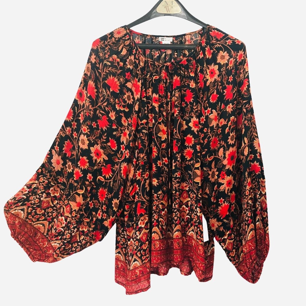 Billa Bong Women L Orange Red Floral Dolman Long Sleeve Pullover Blouse Top NEW